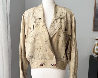 Vintage 80s Silk Speckle Print Jacket with Shoulder Pads and Wood Button Accents