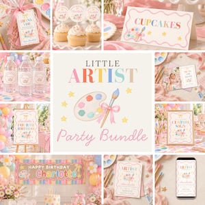 Puede incluir: Un paquete de fiesta Little Artist con un gráfico de paleta de colores y pincel con estrellas pastel. Incluye etiquetas de agradecimiento, adornos para cupcakes, un letrero, etiquetas para botellas de agua, carteles, un banner e invitaciones.