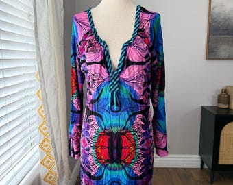 Vintage 90s Custo Barcelona Artsy Long Sleeve Body Con Dress