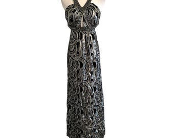 Stunning Vintage Y2K Black & Silver Silk Arden B Embellished  Evening Gown