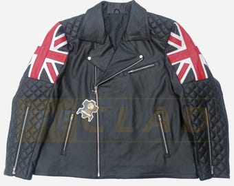 Union Jack Leather Jacket for Men | British Flag Biker Jacket, UK Flag Cafe Racer, Great Britain English Style Quilted Leather Jacket