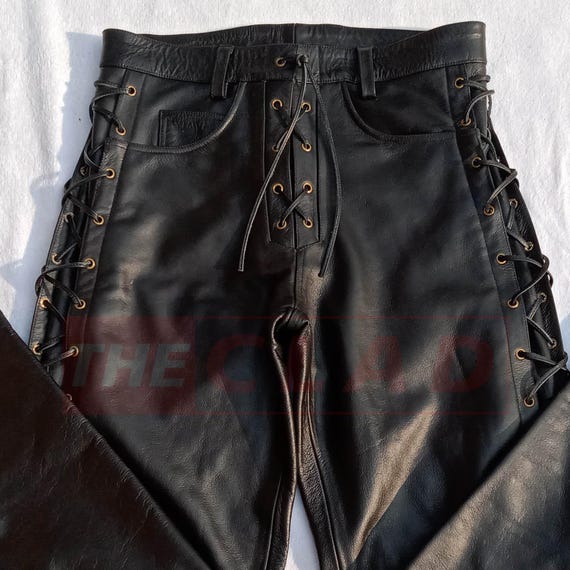 Men’s Black Lace Up Leather Pant - Side Laced Pants - Men Leather Pants - Biker Motorcycle Style Pant - Steampunk Gothic Leather Pant