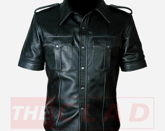 Men's Black Leather Shirt, Short Sleeve Uniform Top