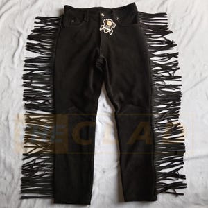 Suede Fringes Pant - Black Fringed Western cowboy Pants - Native Style Fringed Pants For Men
