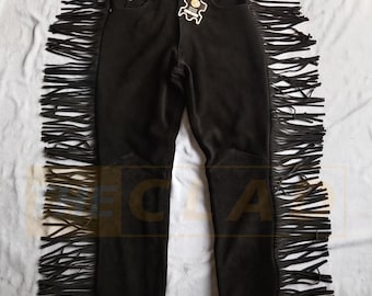 Black Suede Fringe Pants – Native Western Cowboy Style, Made to Order