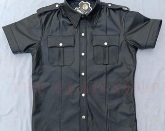 Black Police Uniform Cop Style Short Sleeves Real Cowhide Gay Leather Shirt