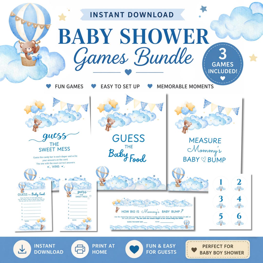 INSTANT DOWNLOAD Blue Bear Baby Shower Games Bundle Printable Teddy ...