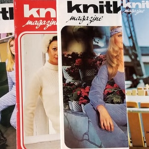 May include: Five vintage knitting magazines with colorful covers featuring models wearing knitted garments. The magazines are titled "Knit Magazine" and "Knitting Magazine".