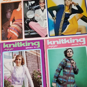May include: Four vintage knitting magazines with covers featuring women wearing knitted garments. The magazines are titled "Knit Magazine" and "Knitking Magazine" with dates from 1975 and 1976.