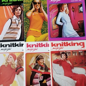 May include: Six vintage knitting magazines from 1974. The covers feature women wearing knitted garments, including a vest, a sweater, a dress, and a long-sleeved top. The magazines are titled "Knitking" and "Knitkir".