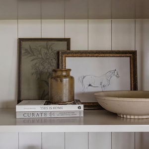 May include: A shelf displays home decor items. A framed botanical print and a horse sketch are visible. A ceramic jar and a bowl are present. Two books are stacked, with titles visible. The shelf is white with vertical paneling.