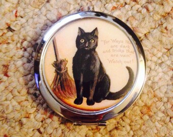 Black Cat Halloween Kitty with Broom Compact Mirror -Handmade-FREE SHIPPING