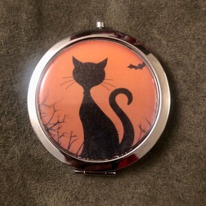 Black Cat Halloween Kitty Image Compact Mirror -Handmade-FREE SHIPPING