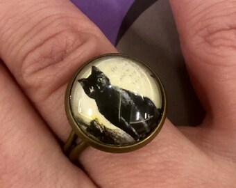 Black Cat with Broom Image Adjustable Ring-FREE SHIPPING-