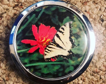 Original Photography Butterfly with Flower Compact Mirror -Handmade-FREE SHIPPING