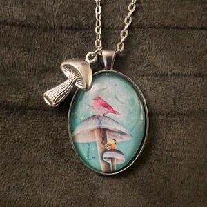 Mushroom and Bird Glass Oval Image Necklace Mushroom Charm -Handmade-FREE SHIPPING