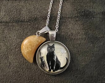 Black Cat with Broom Image Necklace with crystal moon. -FREE SHIPPING