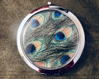 Peacock Feather Image Compact Mirror -Handmade-FREE SHIPPING