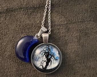 Spooky Tree Image Necklace with crystal moon. -FREE SHIPPING