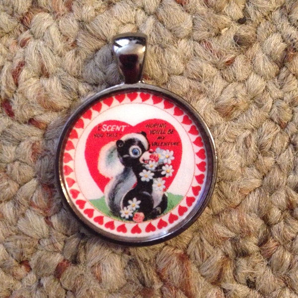 Vintage Valentine Skunk Image Pendant Necklace-FREE SHIPPING-