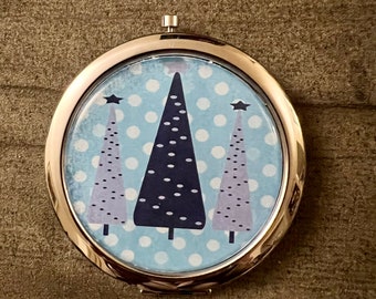 Christmas Tree Art Blue Winter  Compact Mirror -Handmade-FREE SHIPPING