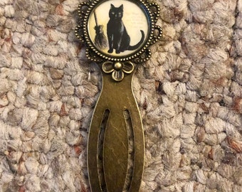 Handmade Black Cat with Broom Image Bookmark-FREE SHIPPING-