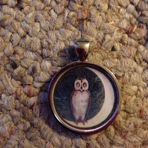Victorian Halloween Image Owl and Moon Pendant Necklace-FREE SHIPPING-