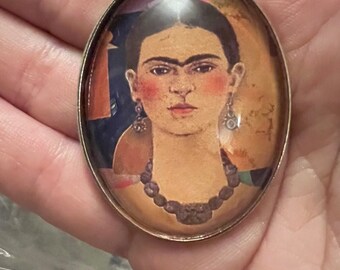 Frida Kahlo Image Glass Oval  Necklace