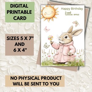 Carte d'anniversaire imprimable bébé fille - carte numérique - téléchargement immédiat - carte d'anniversaire pour jeune enfant - lapin - blanc à l'intérieur