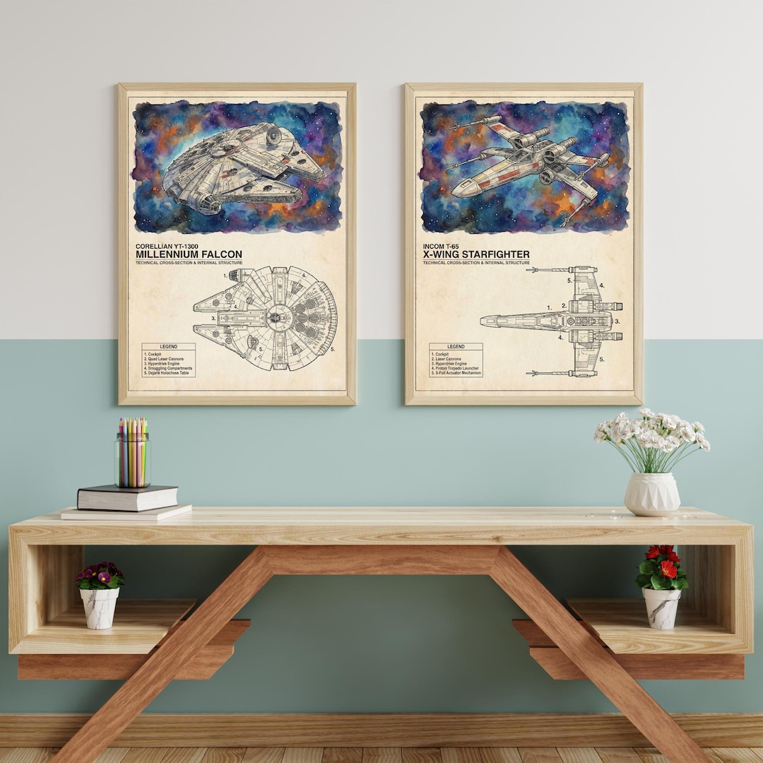 Star Wars Wall Art Set, Millennium Falcon & X-wing Blueprints - Etsy UK