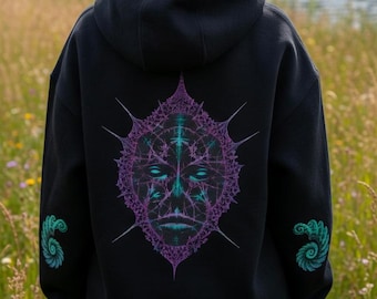Oversized Fractal Face Hoodie – Psychedelic Elven Streetwear, Cosmic Sacred Geometry Print