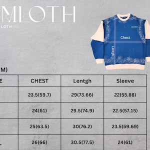 May include: Size chart for a blue and white layered sweater. The chart shows measurements in inches and centimeters for chest, length, and sleeve.