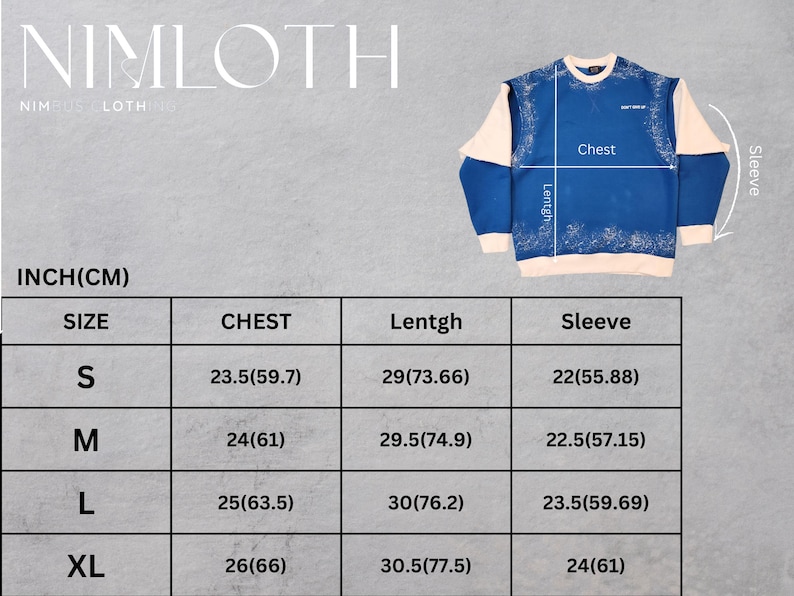 May include: Size chart for a blue and white layered sweater. The chart shows measurements in inches and centimeters for chest, length, and sleeve.