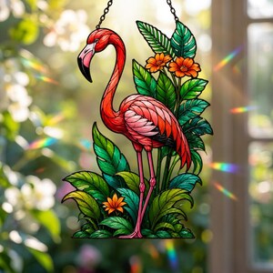 Flamingo Faux Stained Glass Suncatcher, Tropical Bird Window Hanging, Pink Flamingo Glass Art, Botanical Sun Catcher, Summer Decor Gift