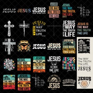 Puede incluir: Una colección de diseños gráficos con la palabra "JESÚS" en varios estilos y fuentes. Los diseños incluyen frases como "El Camino, La Verdad, La Vida" e imágenes de cruces, para productos religiosos.