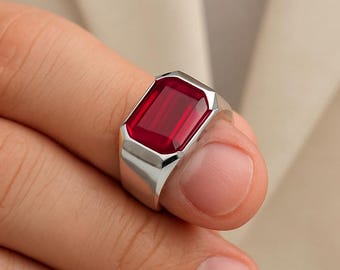 Handmade Emerald Cut Lab-Grown Ruby Ring, Sterling Silver Men's Statement