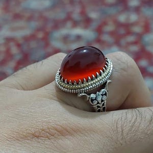 Anel masculino de ágata vermelha | Anel Aqeeq iemenita estilo turco otomano | Prata de lei 925 | Anel Aqeeq islâmico para homens