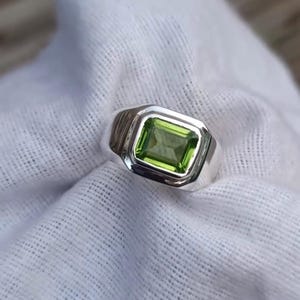 Green Peridot Stone Ring | Green Gemstone Ring | Square Cut Signet Ring | August Birthstone Jewelry | Unique Fall Gift for Him