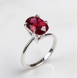 Oval Cut Red Ruby Ring | Sterling Silver 925 | Minimalist Promise Ring | Women Gemstone Jewelry | Handmade Statement Jewelry