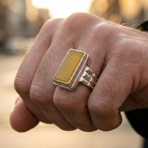 Gelber Aqeeq Ring Männer, jemenitischer Aqeeq gelber Achat Ring, 925 Sterling Silber Siegelring, Islamischer Aqeeq Ring, Natürlicher Achat Ring