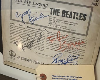 Framed Beatles 'All My Loving' original vinyl EP 1963 with cloned real ink signatures