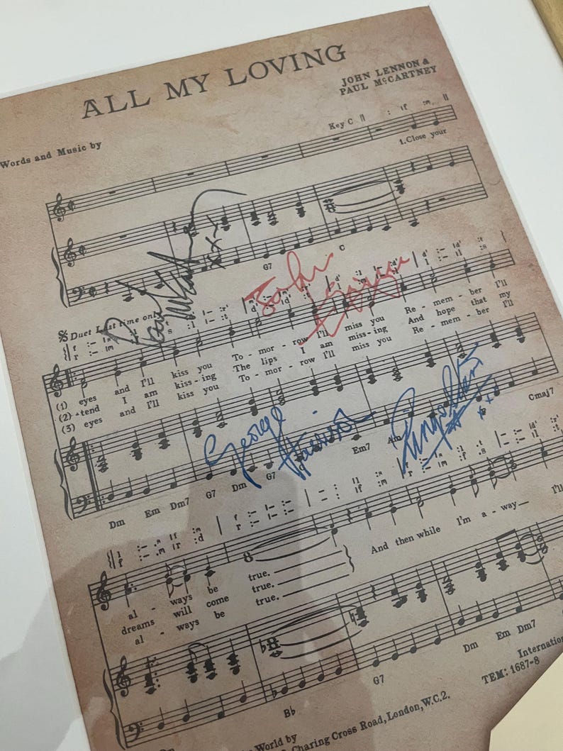 Framed Beatles 'All My Loving' Sheet Music 1963 with real ink replica autographs image 12