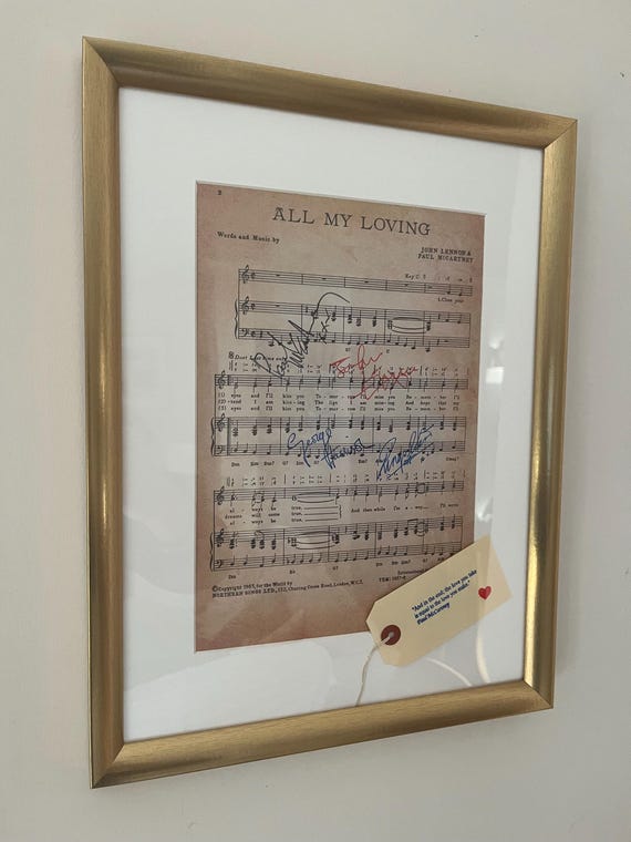Framed Beatles 'All My Loving' Sheet Music 1963 with real ink replica autographs