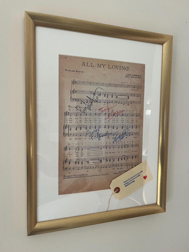Framed Beatles 'All My Loving' Sheet Music 1963 with real ink replica autographs image 1
