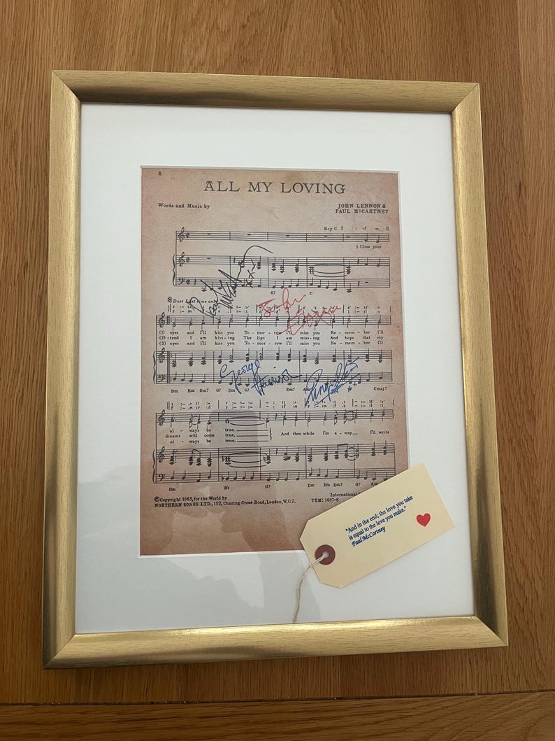 Framed Beatles 'All My Loving' Sheet Music 1963 with real ink replica autographs image 3