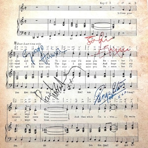 Fantastic vintage copy of 1963 music sheet ‘All my loving’ with copy signatures in ink of all members of The Beatles in mounted frame.