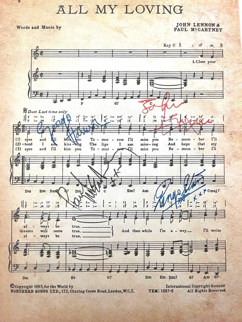 Fantastic vintage copy of 1963 music sheet ‘All my loving’ with copy signatures in ink of all members of The Beatles in mounted frame.