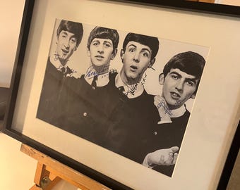 The Beatles B/W photo of Fab Four with replica ink signatures framed