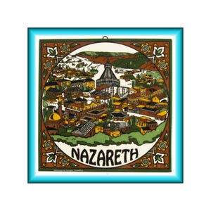 May include: A square decorative tile featuring a circular illustration of the city of Nazareth. The artwork displays buildings with yellow and brown tones, a central domed structure, and green hills. The word NAZARETH is printed in black at the bottom.