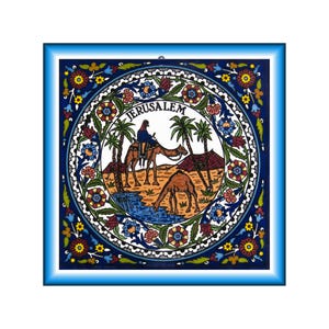 Azulejo decorativo de cerámica armenia, hecho a mano, pintado a mano, para colgar en la pared, cerámica oriental, camellos, envío gratis, regalo de Jerusalén, Israel.
